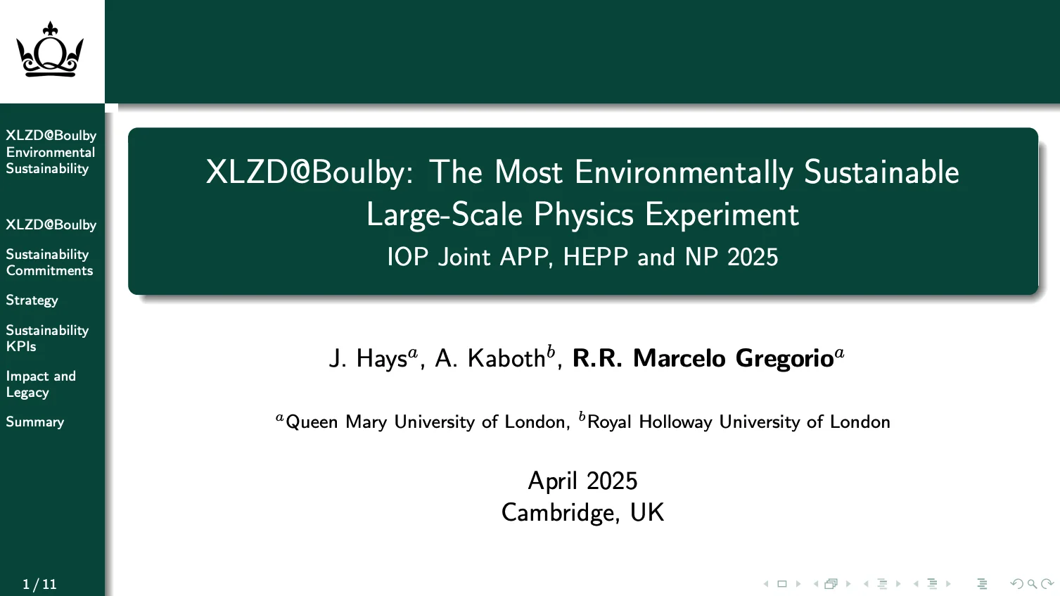 First slide of XLZD@Boulby: The Most Environmentally Sustainable Large-Scale Physics Experiment