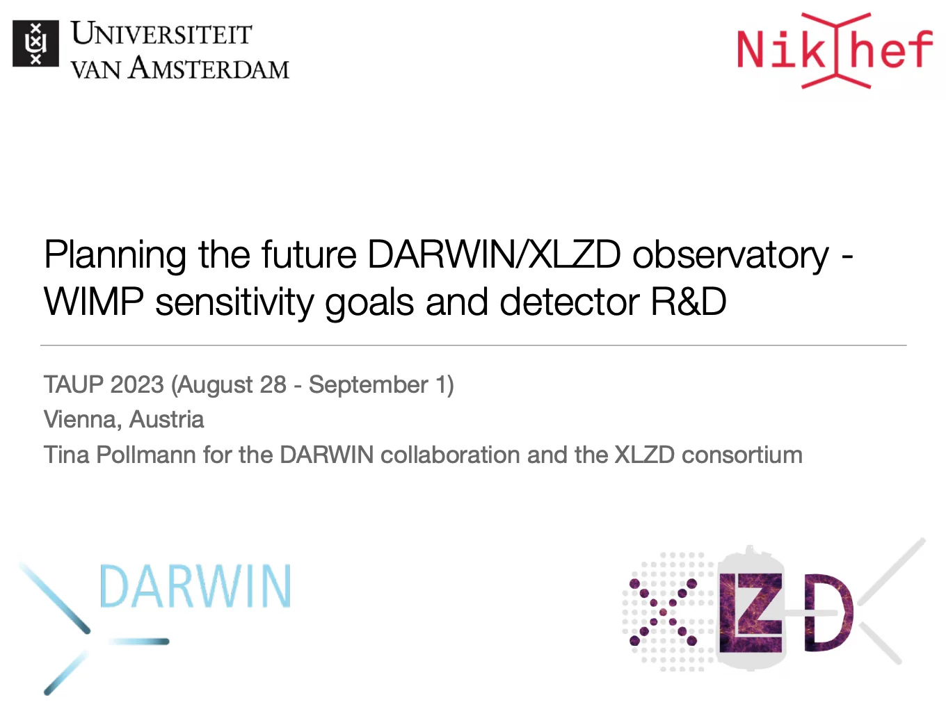 First slide of Planning the future DARWIN/XLZD observatory – WIMP sensitivity goals and detector R&D