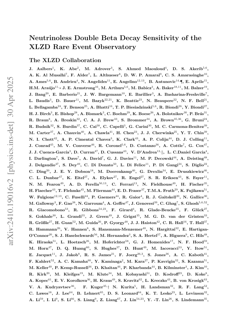 First page of Neutrinoless double beta decay sensitivity of the XLZD rare-event observatory