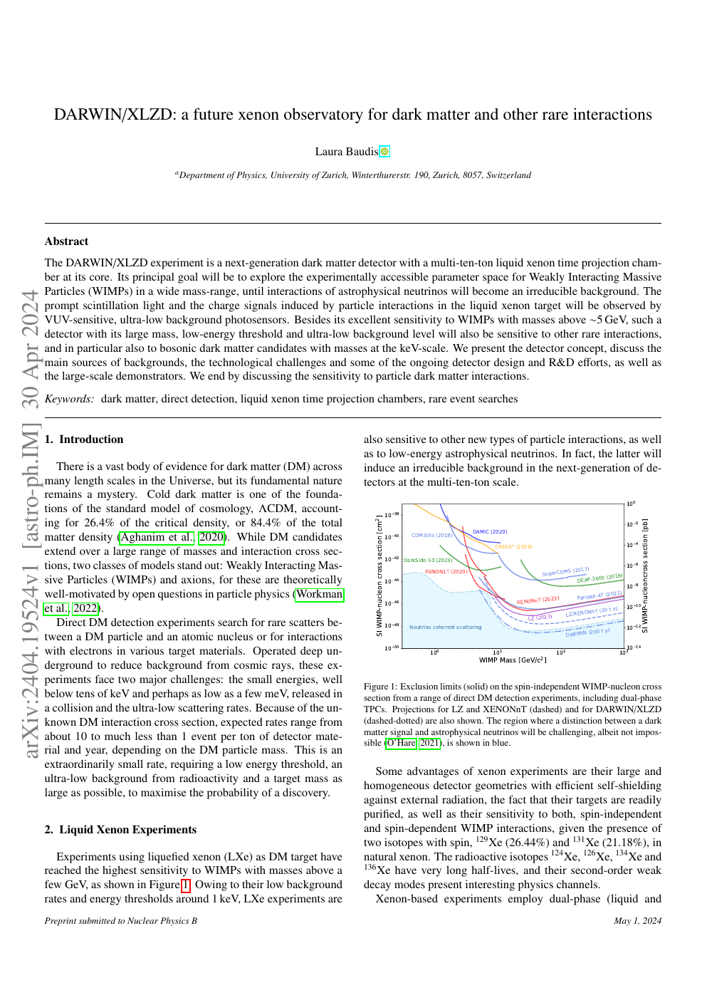 First page of DARWIN/XLZD: a future xenon observatory for dark matter and other rare interactions