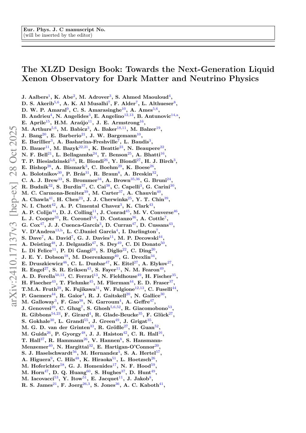First page of The XLZD Design Book: towards the next-generation liquid xenon observatory for dark matter and neutrino physics